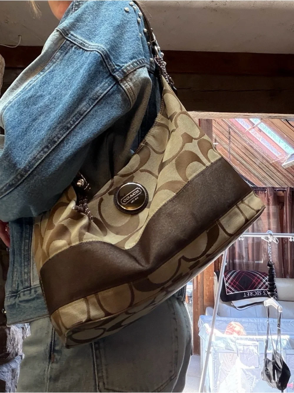 Coach Signature Stripe Hobo Bag F1182-F17434 Canvas Leather Medium - Picture 8 of 8